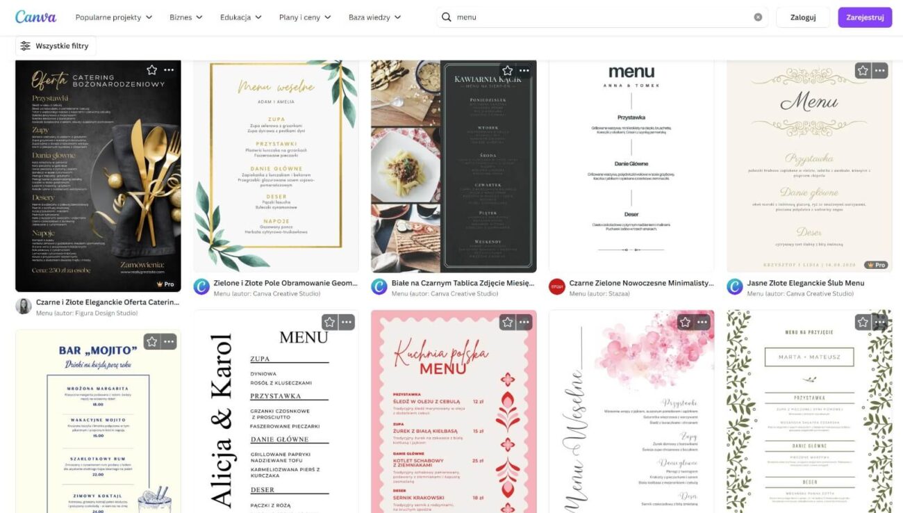 Gotowe szablony menu w Canva.