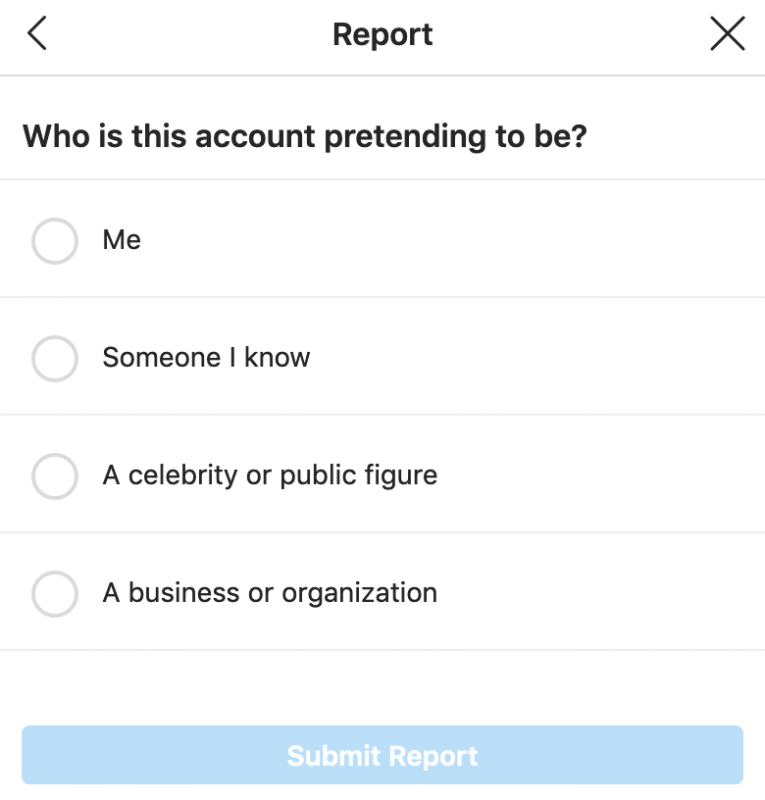 Teraz będziesz mieć możliwość wyboru, pod kogoś podszywa się osoba lub konto. Dostępne opcje to: „Ja”, „Ktoś, kogo znam”, „Gwiazda lub osoba publiczna” lub „Firma lub organizacja”.